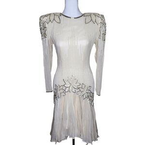 Vintage 80s Destinee Formal Drop Waist Dress Womens Size 4 Ivory Beaded Mother